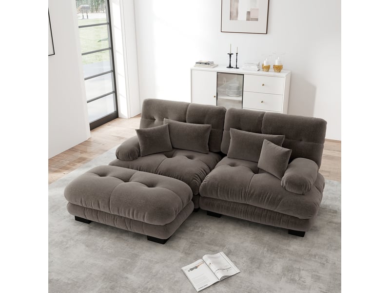  Canapé d'angle modulable 2 places cloud en chenille marron avec ottomans  - Conforama D