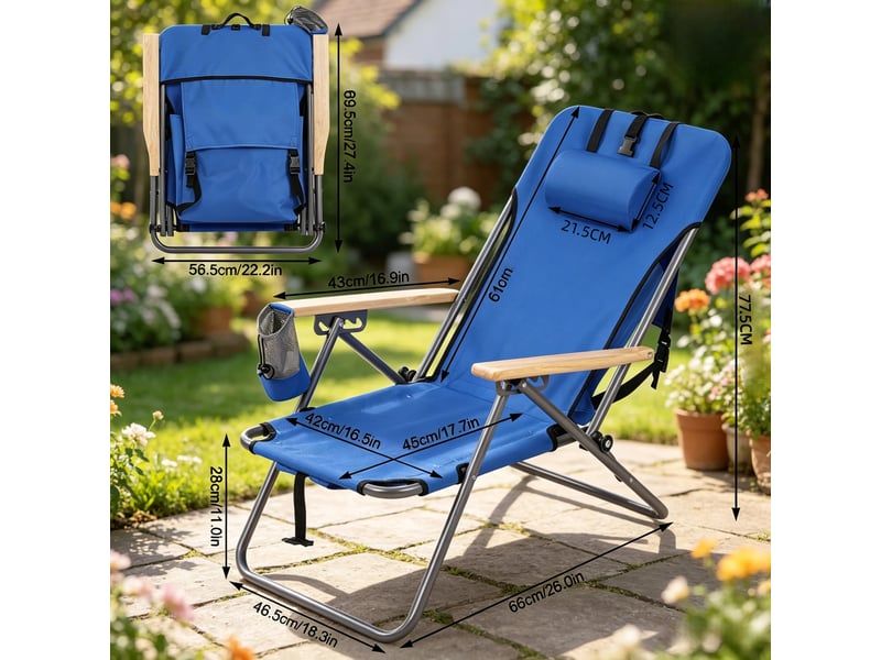  Fauteuil d'extérieur pliable  69 x 56 x 80 cm - dossier inclinable 4 positions ,coussin repose-tête - sièges en tissu oxford - cadre métallique - bleu  - Conforama C