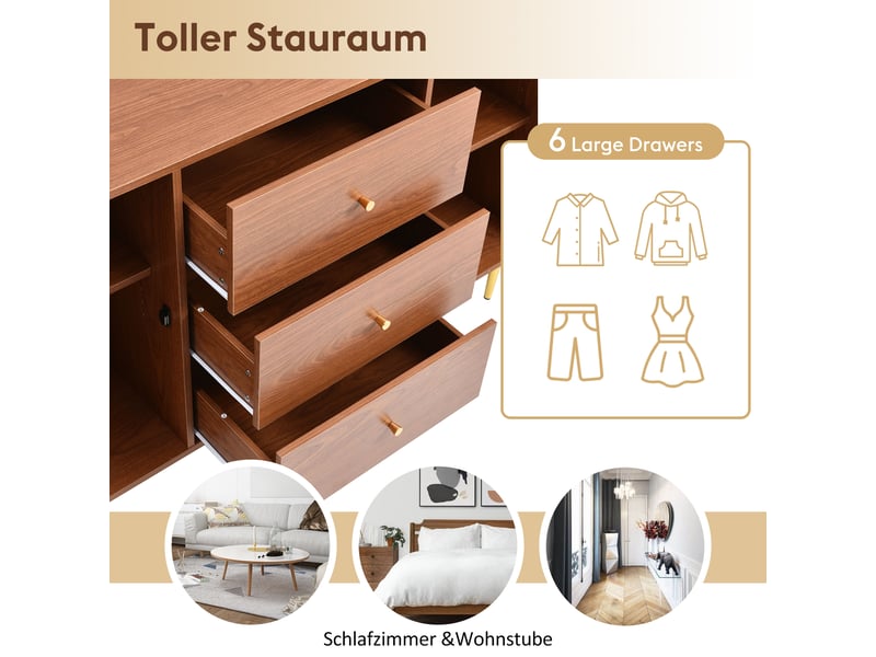  Buffet en noyer 150 cm, commode 2 portes et 3 tiroirs, portes de commode en rotin, sans matelas.  - Conforama C