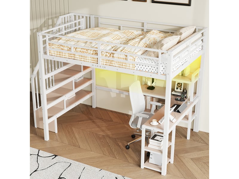 Lit mezzanine 140x200 cm blanc, avec bureau, rangements, 3 étagères, escalier de rangement, led, usb, structure métal, sommier inclus, sans matelas - Conforama R