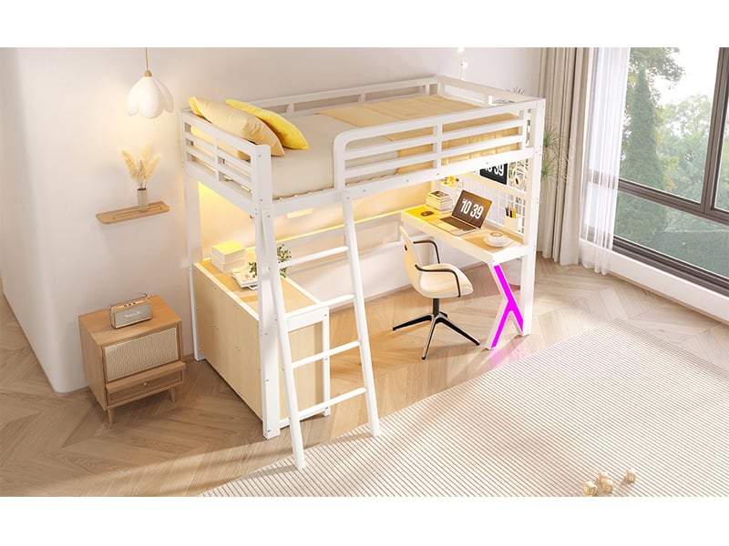  Lit mezzanine 90x200 cm,bureau avec pied lumineux, rangements, grille latérale et éclairage led, métal et mdf, blanc  - Conforama B