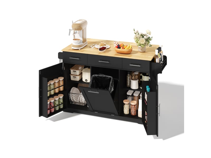  Îlot de cuisine mobile avec plan de travail pliant, chariot de cuisine sur roulettes avec 3 grands tiroirs, 2 armoires à portes et placard à poubelle, 136 x 50 (75) x 92 cm  - Conforama B