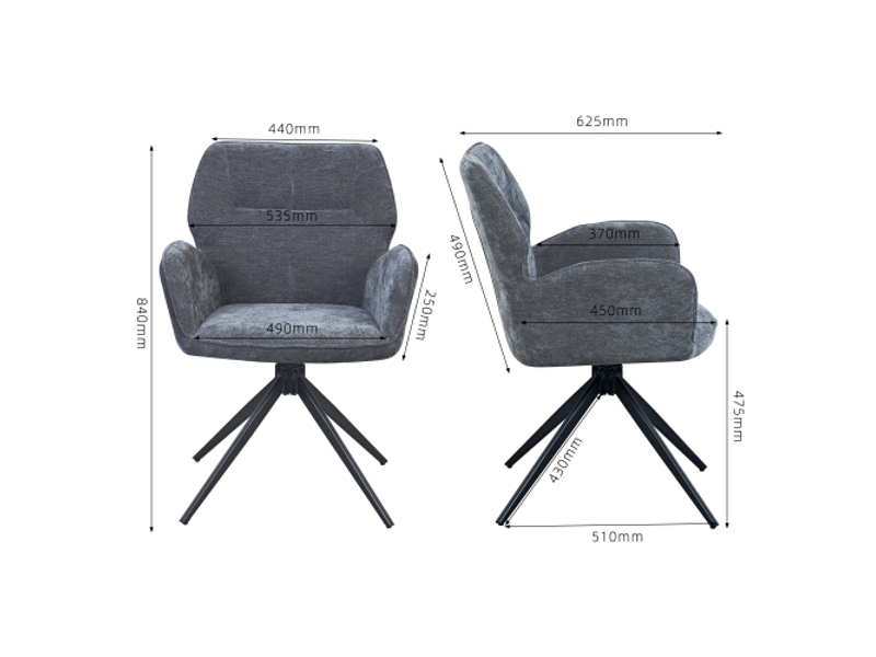  Chaises pivotantes pour salle à manger lot de 2, fauteuil en tissu côtelé gris foncé avec pieds métal, moderne et confortable  - Conforama C