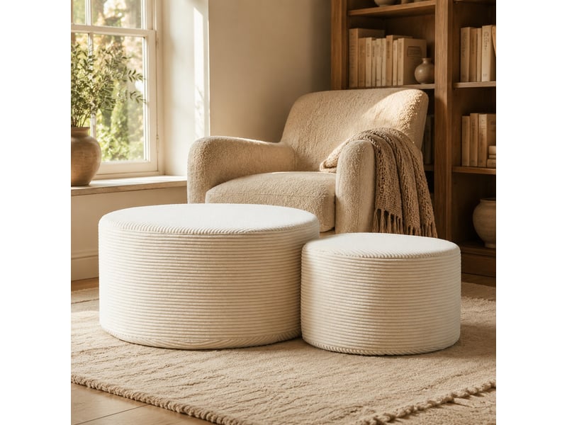  Tables basses rembourrées 2 pièces sans montage pour salon, assise d'appoint en tissu beige  - Conforama B
