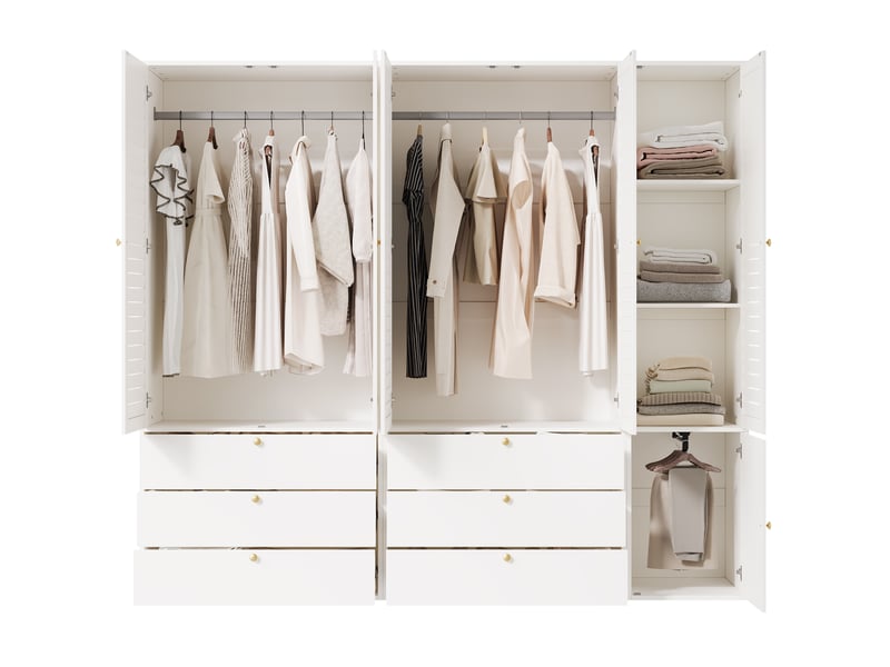  Armoire 5 portes à lamelles, 225 x 50 x 200 cm, 6 tiroirs et 3 penderies, blanche  - Conforama A