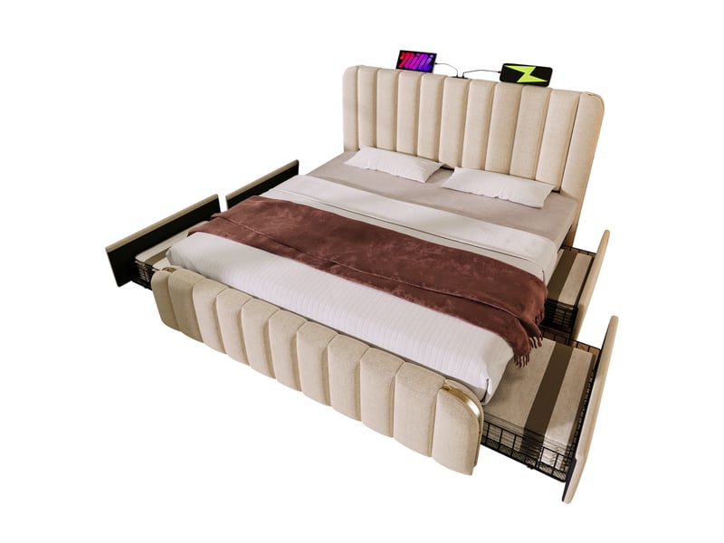  Lit coffre,160x200 cm,usb-c et 4 tiroirs,lin,beige  - Conforama A