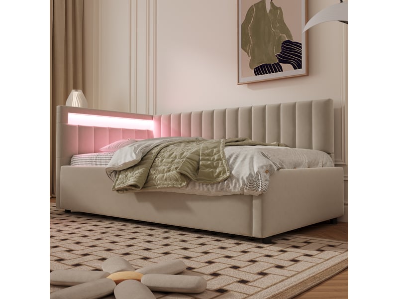  Lit convertible rembourré en velours beige 90x200 cm  - Conforama E
