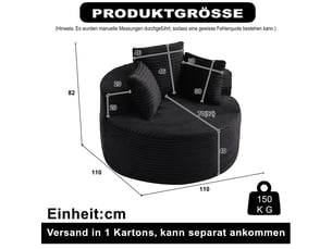 Fauteuil rond une place de 110 cm en velours côtelé noir, fauteuil lounge moderne avec trois coussins pour salon ou chambre