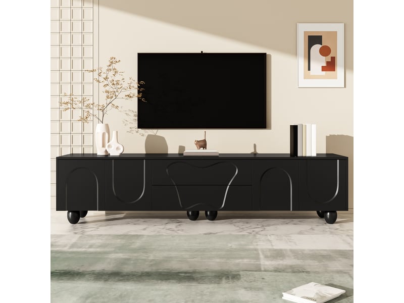  Meuble tv noir 180 cm avec pieds en bois massif - meuble tv minimaliste avec rangement et portes courbées  - Conforama R