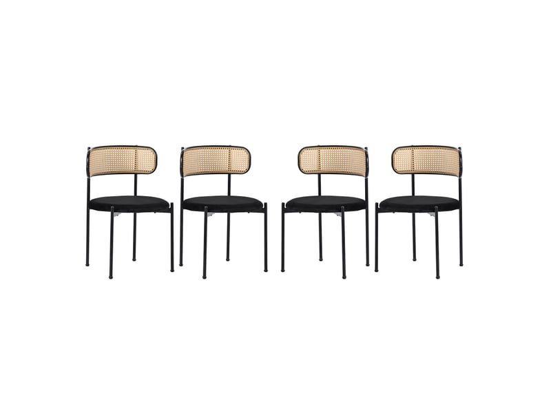  Lot de 4 chaises, piètement métallique noir, dossier rotin, style moderne, assise en velours, pour salle à manger  - Conforama A