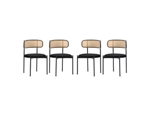 Lot de 4 chaises, piètement métallique noir, dossier rotin, style moderne, assise en velours, pour salle à manger