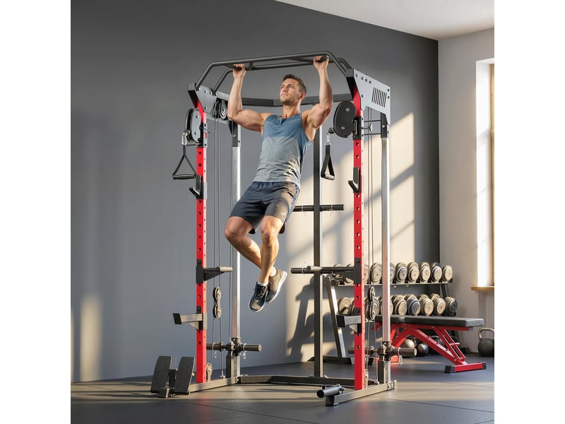  Station de musculation power rack 900kg double poulie réglable 19 niveaux home gym complet pour entraînement force noir  - Conforama D
