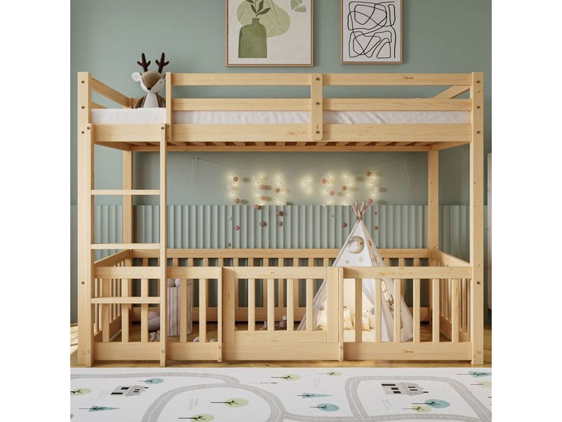  Lit superposé 90x200cm sécurisé en747 - avec porte - escalier droit 3 marches &amp; barrières 360°, pin massif fsc, naturel 204x100.5x150cm - Conforama C