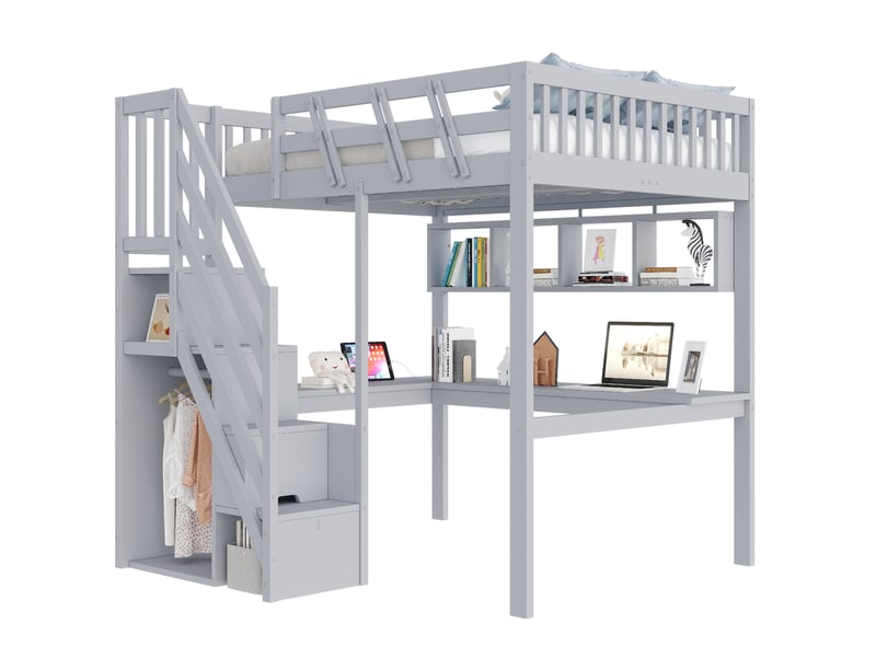 Lit mezzanine enfant 140x200 cm avec bureau, rangements, led et prises usb, gris, sans matelas - Conforama A