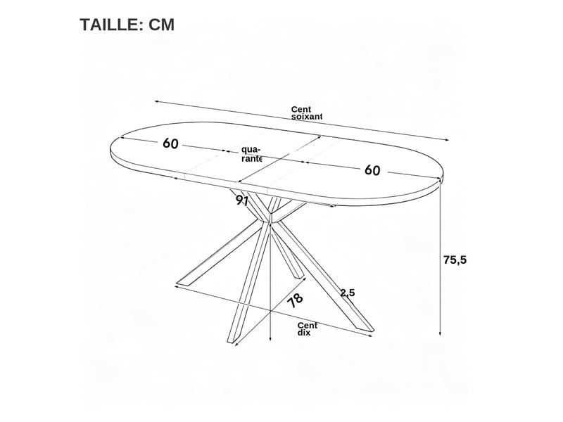  Table extensible ovale 120 à 160 sur 80 sur 75 cm coloris bois mdf pieds métal salle à manger  - Conforama E