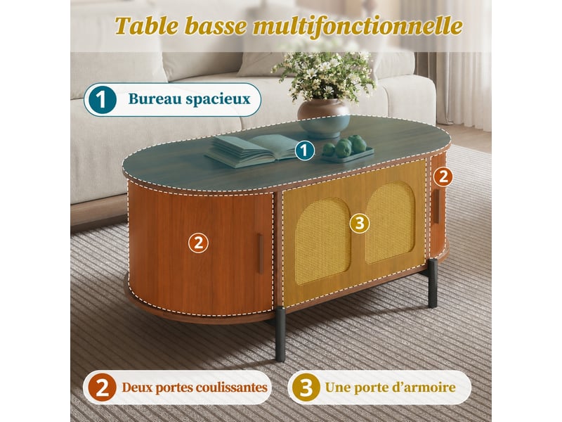  Table basse ovale effet noyer et rotin avec rangement, 100 x 50 x 40 cm  - Conforama D