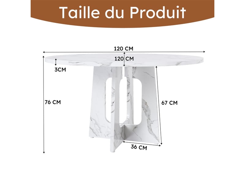  Table à manger ronde - 120x120x76cm - table de cuisine salle à manger modulaire en mdf effet marbre blanc - blanc  - Conforama E