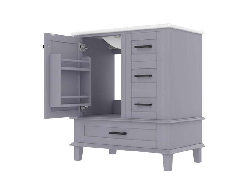 Meuble vasque salle de bain gris 76 cm avec lavabo céramique intégré et 3 tiroirs silencieux - Conforama D