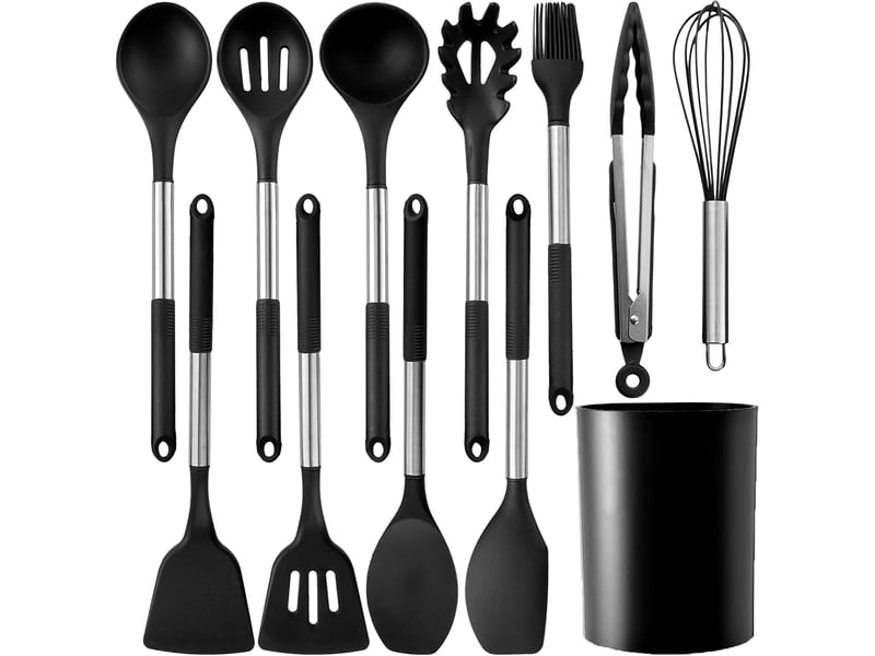  Set de 12 ustensiles de cuisine en silicone et acier inoxydable noir avec rangement chicfurn  - Conforama W