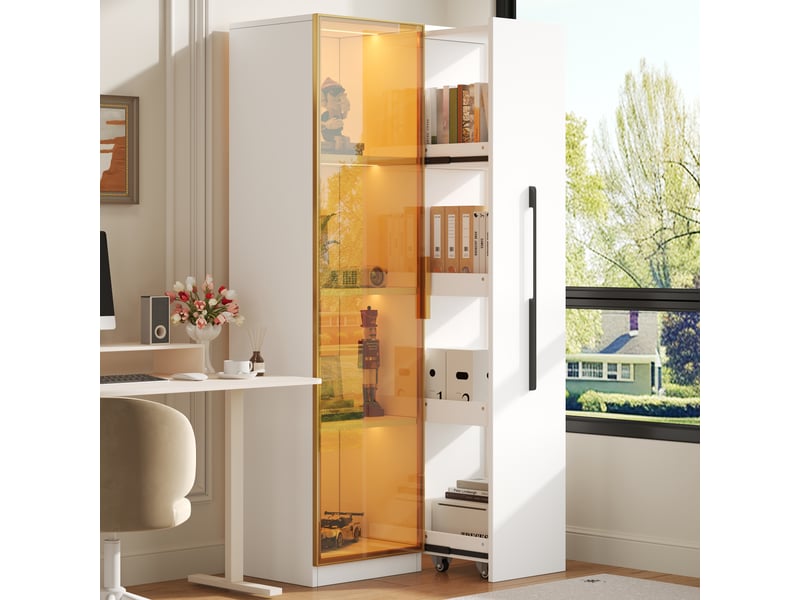  Vitrine en verre avec éclairage led et tiroir latéral, bibliothèque vitrée 70x40x160cm, meuble de rangement élégant pour salon.  - Conforama E