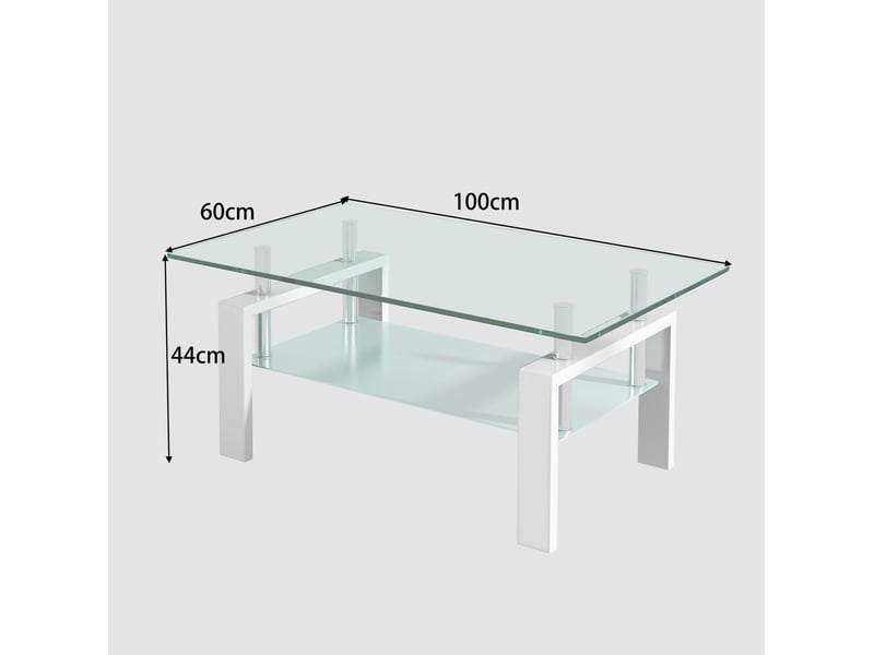  Table basse rectangulaire en verre trempé à 2 niveaux, 100x60x44 cm, blanche  - Conforama C