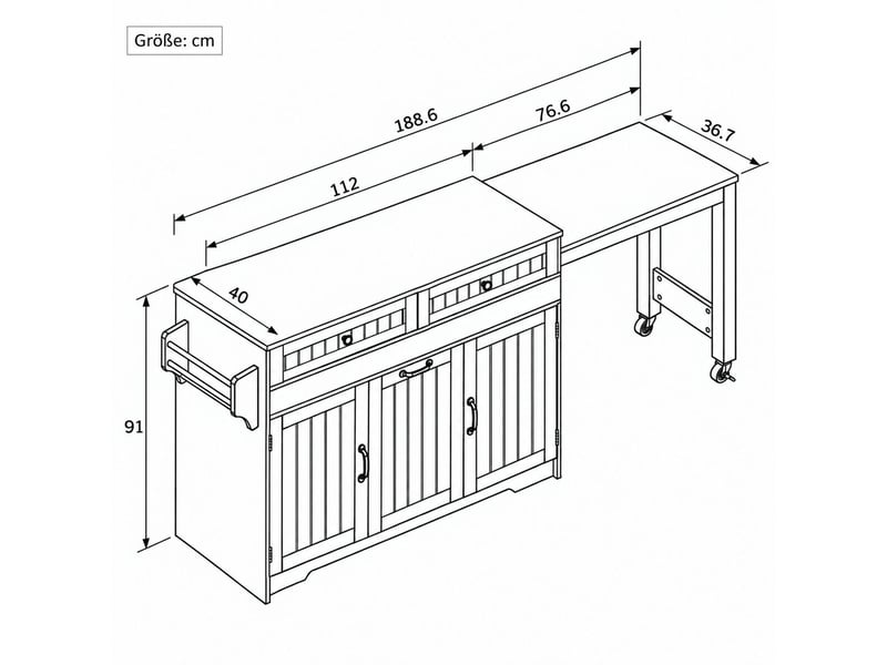  Desserte de cuisine 188 x 40 x 91 cm rangement intégré chariot de cuisine plan de travail intégré roulettes intégrées tiroirs de rangement tablette latérale extensible structure indépendante finition blanche  - Conforama C