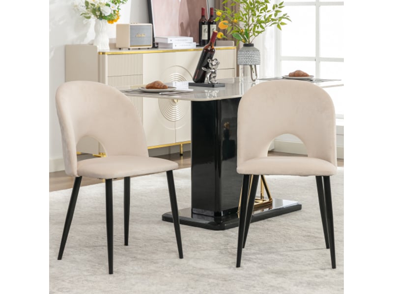  Chaise de salle à manger rembourrée – lot de 2, velours beige, dos à motif diamant, cadre métallique, pieds réglables  - Conforama D