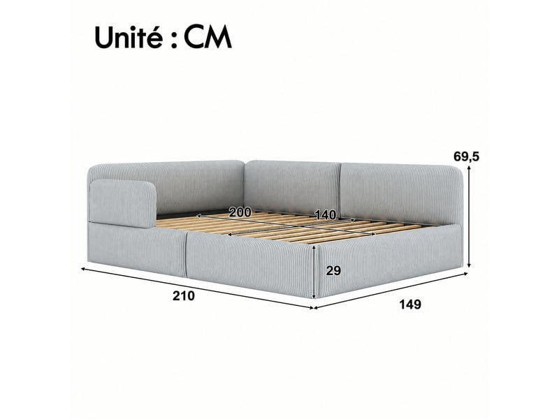  Lit banquette 140 x 200 cm avec rangement, velours côtelé gris  - Conforama C
