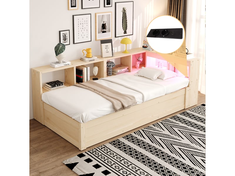  Lit banquette 90 × 200 cm bois naturel avec prise européenne, compartiments, led et relevage  - Conforama E