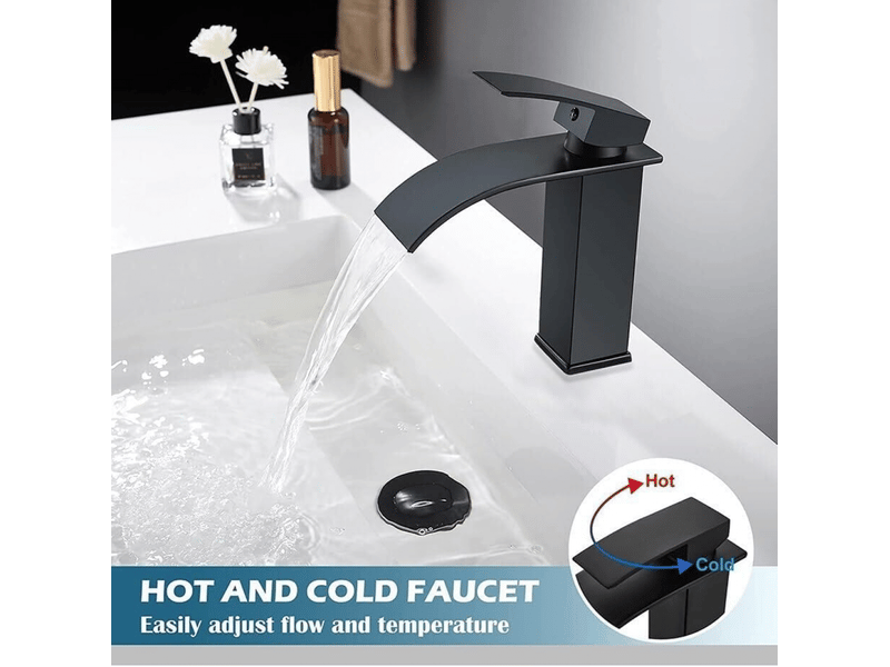  Robinet de lavabo cascade noir, montage sur pont, mélangeur eau chaude et froide, poignée unique, trou unique, noyau en aluminium  - Conforama C