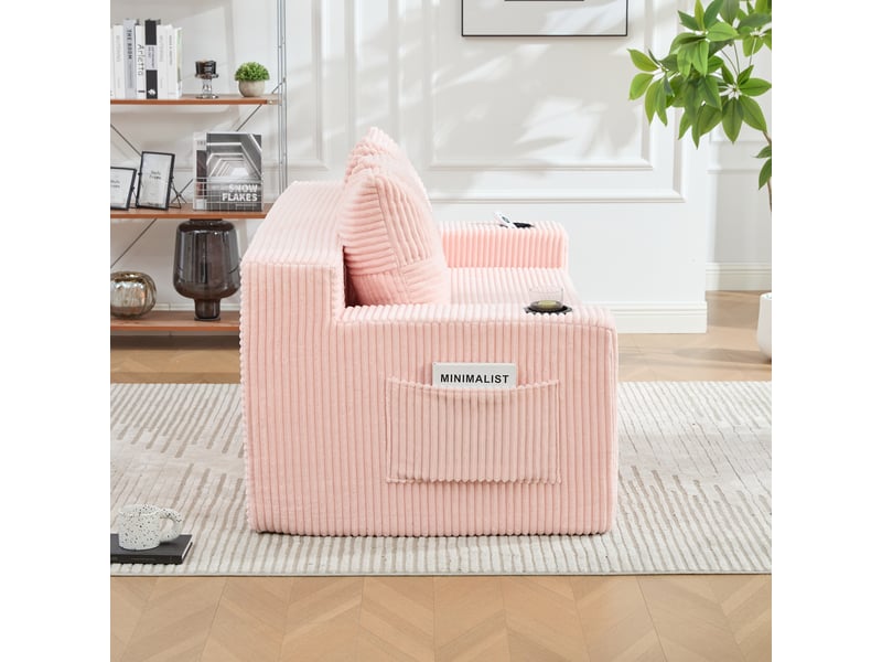  Canapé modulable 2 places en velours côtelé rose poudre avec coffre rangement et portes gobelets design salon  - Conforama E