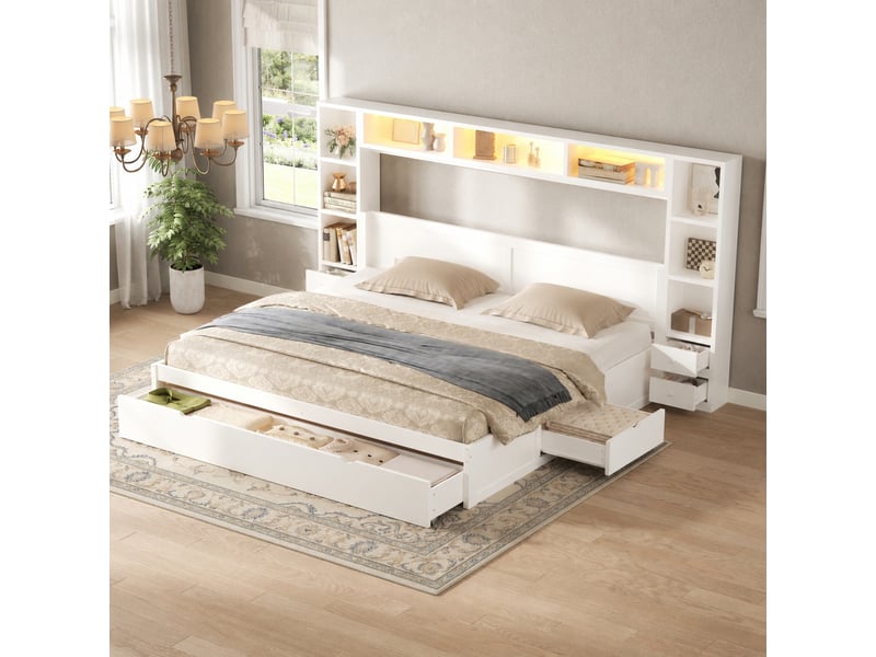  Cadre de lit 180 x 200 avec rangement, 7 tiroirs, tête de lit bibliothèque et led, blanc  - Conforama B