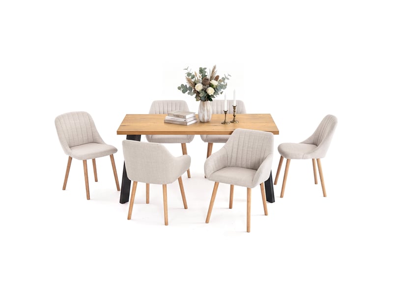  Ensemble table et 6 chaises - table rectangulaire 160x80 cm monobloc en chêne sauvage et pieds métal, 6 chaises en tissu beige et pieds bois  - Conforama A