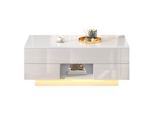 Table basse relevable, table de salon rectangulaire avec led et 2 tiroirs, surface avec lumière elevée, blanc