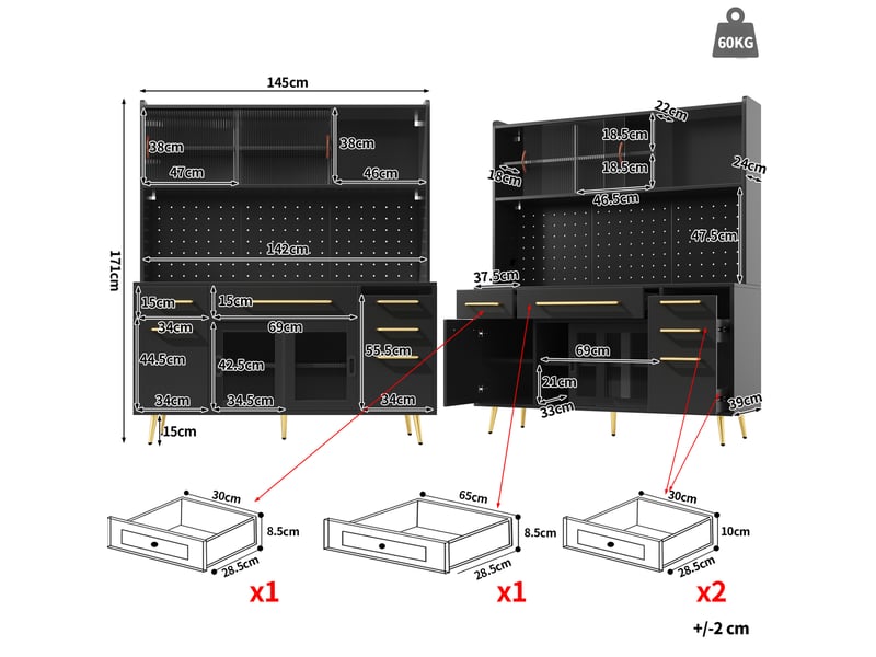  Buffet de cuisine 145x39x171 cm, éclairage éclairage led, avec tiroirs, porte coulissante, meuble de salon, mdf, noir  - Conforama C