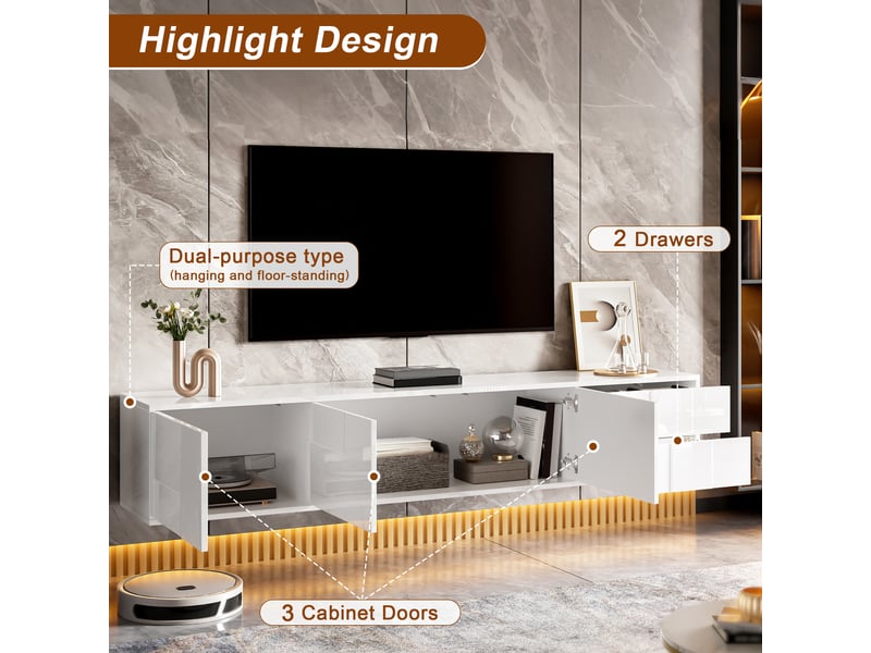  Meuble tv blanc 170 cm finition blanc brillant - suspendu ou sur pied 3 portes 2 tiroirs  - Conforama E