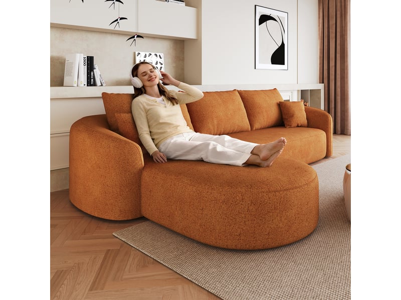 Canapé d’angle modulable en l 3 places, 266 x 168 x 85 cm, assise en mousse haute résilience, sans montage, tissu chenille, orange Morn Vibe - Conforama C