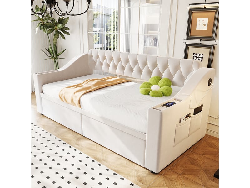  Lit canapé rembourré en velours beige 96x214,5 cm  - Conforama D