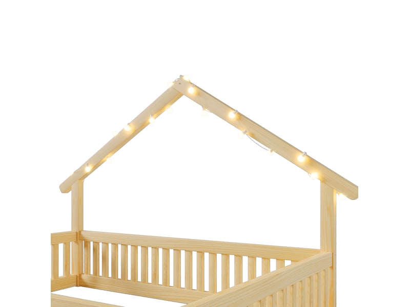  Lit enfant 140 × 200 cm 1 place avec barrières de sécurité et guirlande led, sans matelas, en bois, naturel  - Conforama E