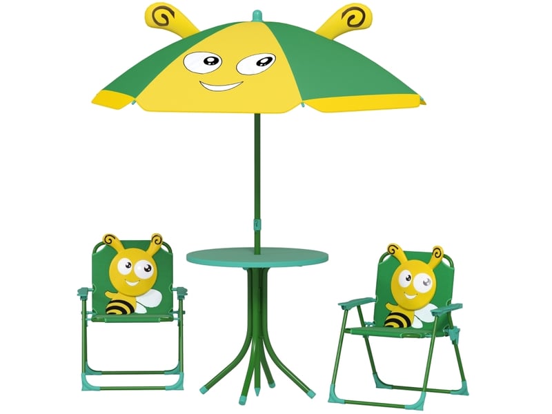  Ensemble de jardin pour enfants 4 pièces vert et jaune en polyester, table, 2 chaises et parasol réglable  - Conforama A