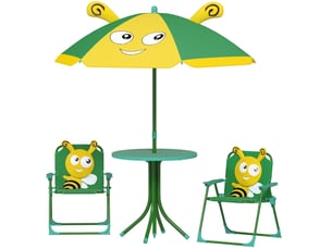 Ensemble de jardin pour enfants 4 pièces vert et jaune en polyester, table, 2 chaises et parasol réglable