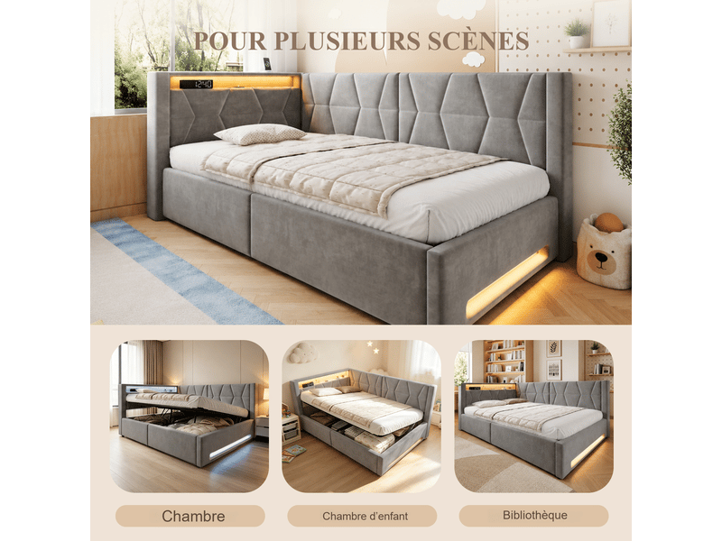 Lit coffre simple 90x200 cm en velours gris foncé avec led, usb et type-c, sommier inclus, chambre d’enfant - Conforama W