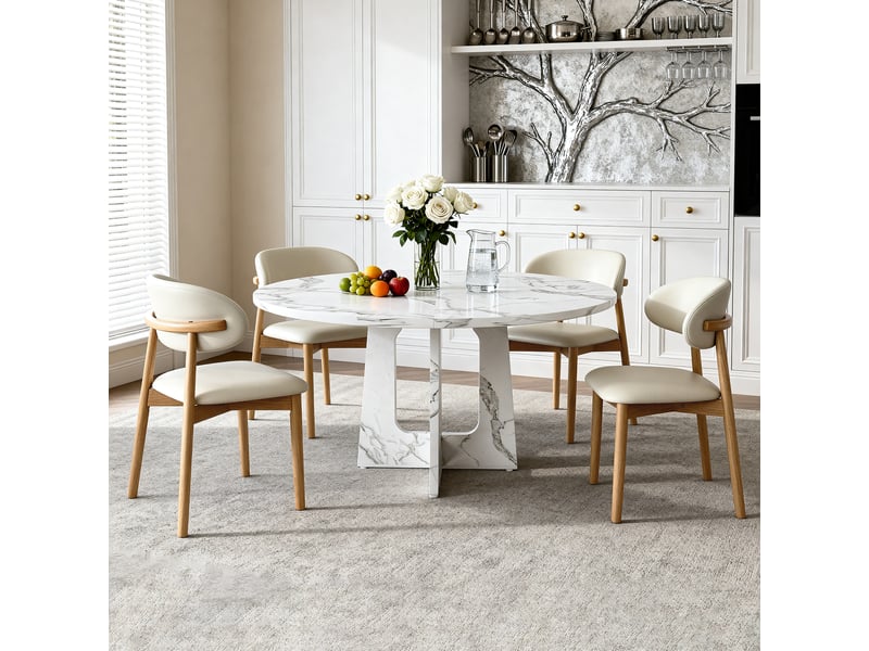  Ensemble table à manger ronde avec 4 chaises, plateau mdf effet marbre blanc ø 120 cm, pieds de chaise en chêne massif  - Conforama B
