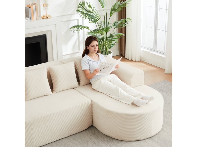  Canapé d'angle - 220x155x70 cm - canapé en l modulaire incurvé velours côtelé avec méridienne et 3 coussins sans montage - beige  - Conforama D