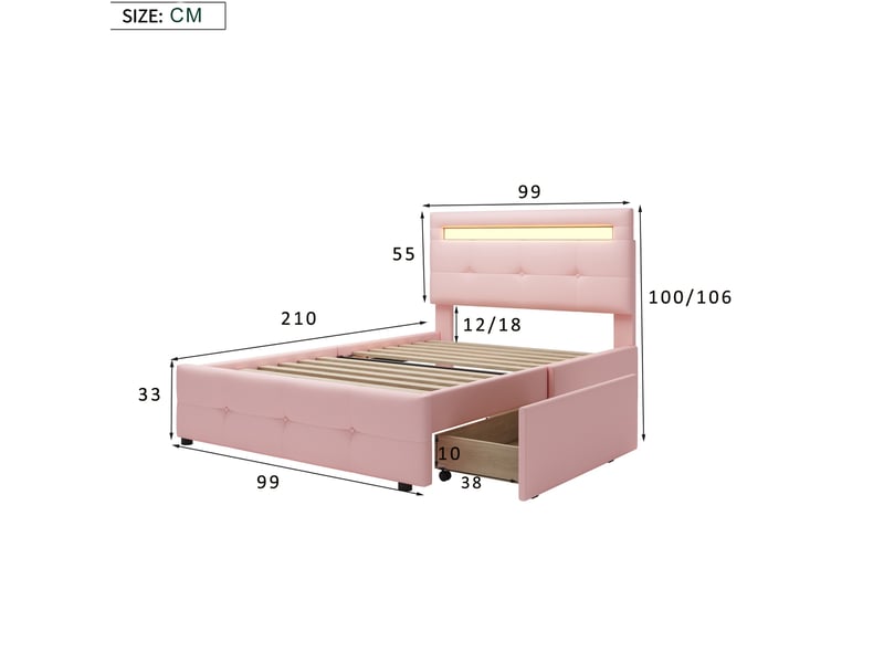  Lit enfant rembourré 90 x 200 cm avec led et 2 tiroirs, tête de lit réglable, rose Fay Lum - Conforama C