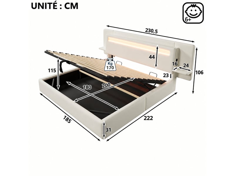  Lit capitonné 180 x 200 cm avec coffre hydraulique, led et usb, lin beige  - Conforama C