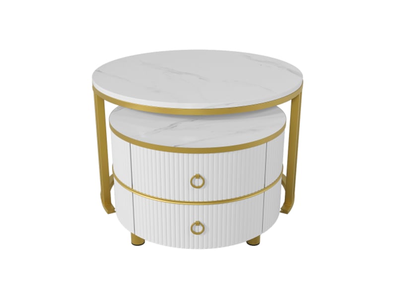  Lot de 2 tables basses gigognes blanches avec plateau à motif marbre, 2 tiroirs et garniture dorée  - Conforama E