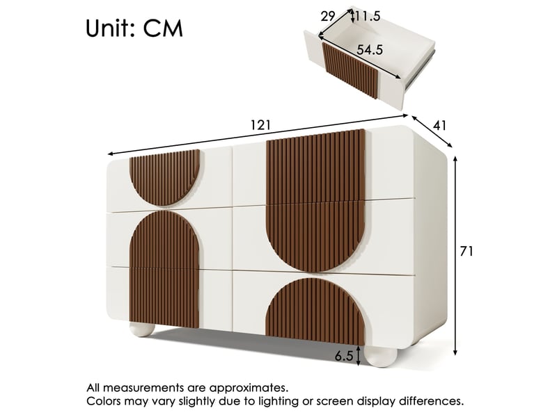  Commode à 6 tiroirs au design galbé, 121 x 71 x 41 cm, blanc, avec moulures en bois couleur chocolat, tiroirs coulissants silencieux  - Conforama C