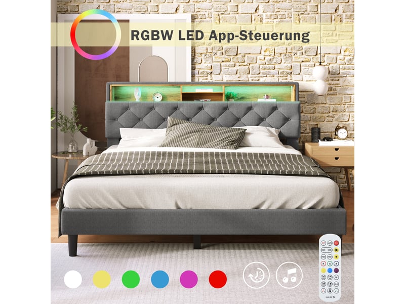  Lit double rembourré 140*200cm avec tête rangeante, led, sommier bois et matelas inclus, gris  - Conforama E
