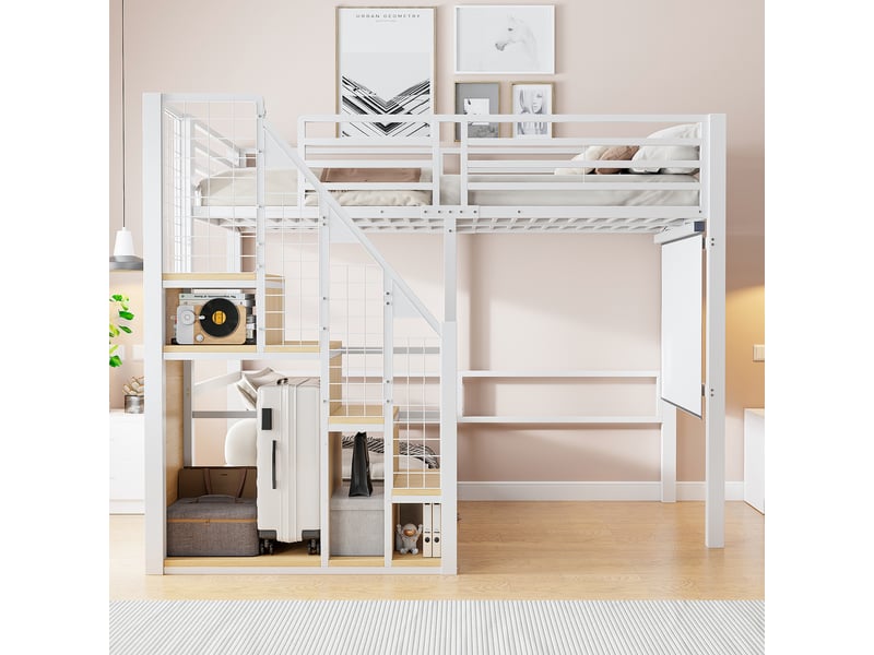 Lit mezzanine 90*200 cm en métal avec échelle sécurisée, rangements et étagère, blanc  - Conforama D